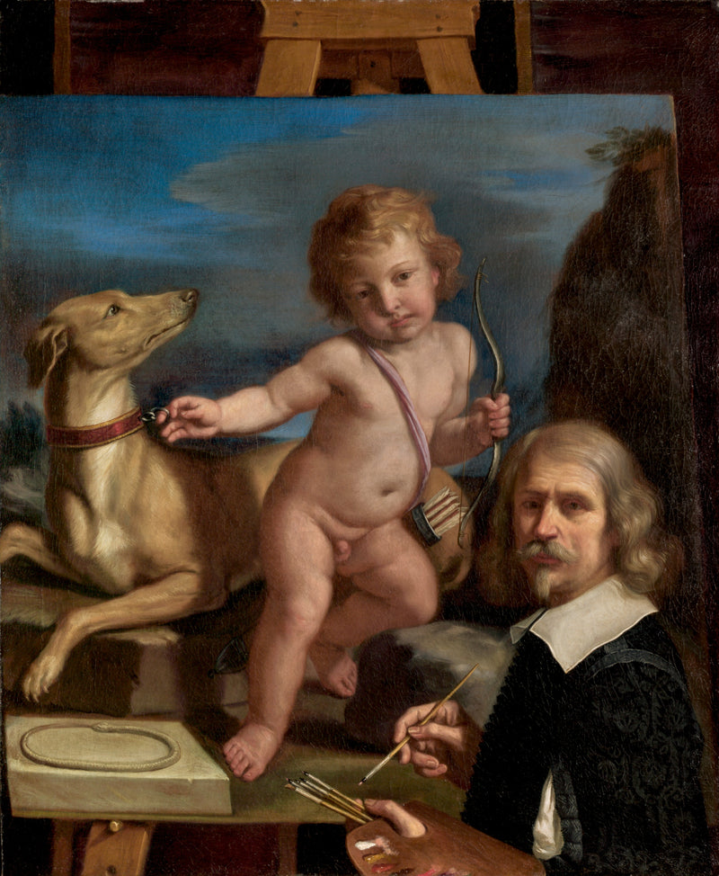 Autorretrato frente a un cuadro que representa « Amor Fiel » - Guercino