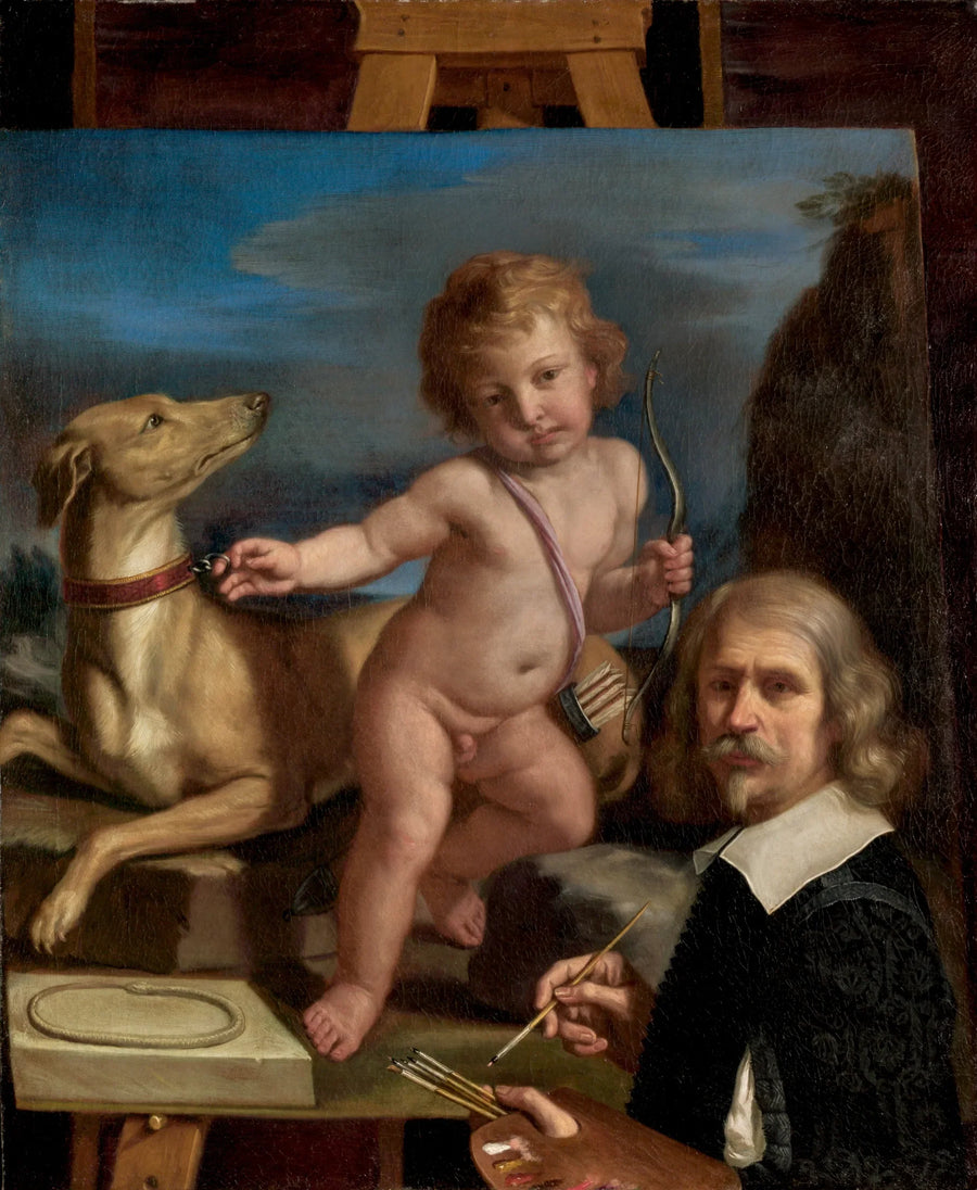 Autorretrato frente a un cuadro que representa « Amor Fiel » - Guercino