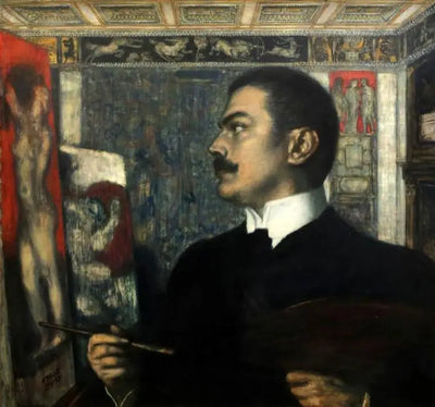 Reproduction du tableau « Autoportrait en studio - Franz Von Stuck » par Alpha Reproduction en peinture à l’huile