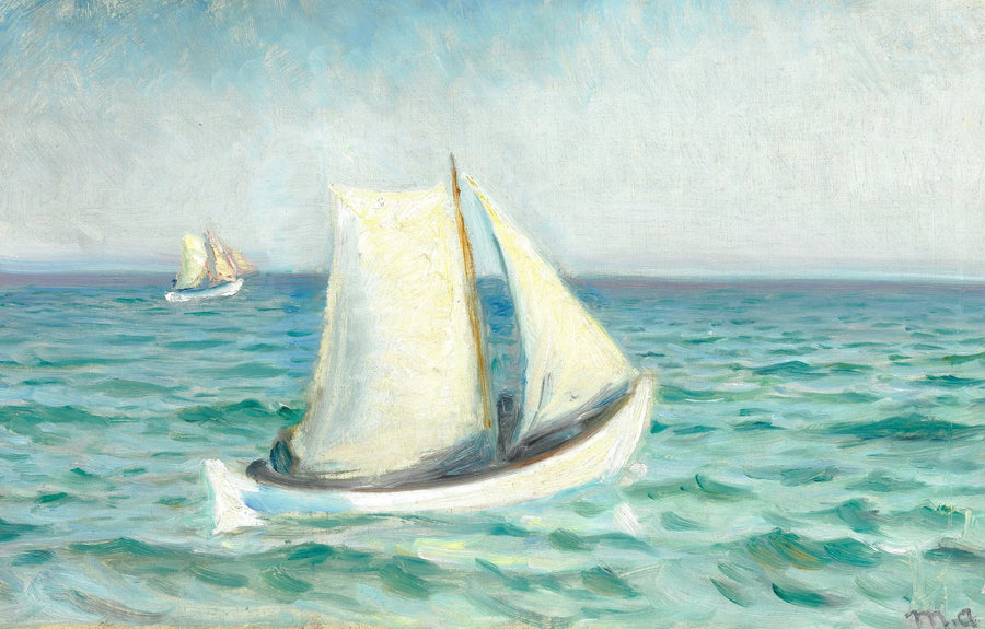 Barcos blancos en el mar bajo el sol. Skågen. -Michael Peter Ancher