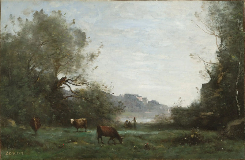 Ganado pastando en un valle boscoso - Jean-Baptiste Camille Corot
