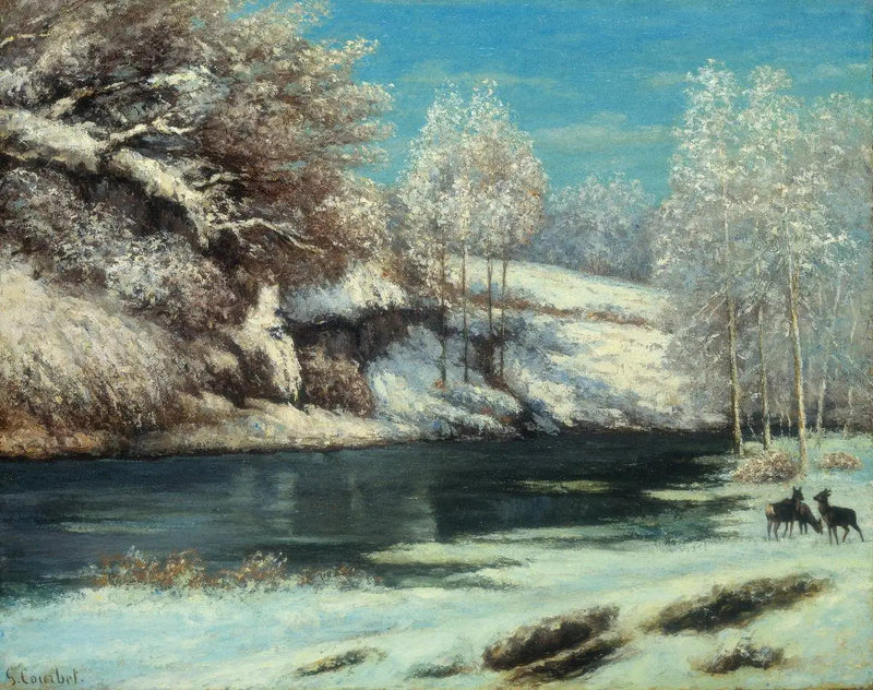 Ciervos y corzos cerca de un río - Gustave Courbet