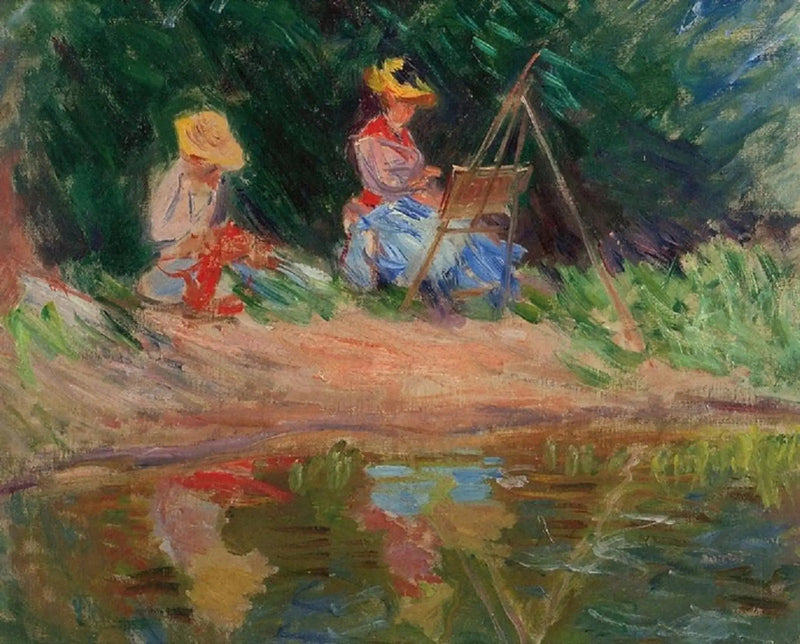 Blanche Monet pintando con su hermana Suzanne a la orilla del agua - Claude Monet