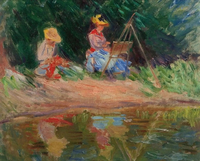 Blanche Monet pintando con su hermana Suzanne a la orilla del agua - Claude Monet