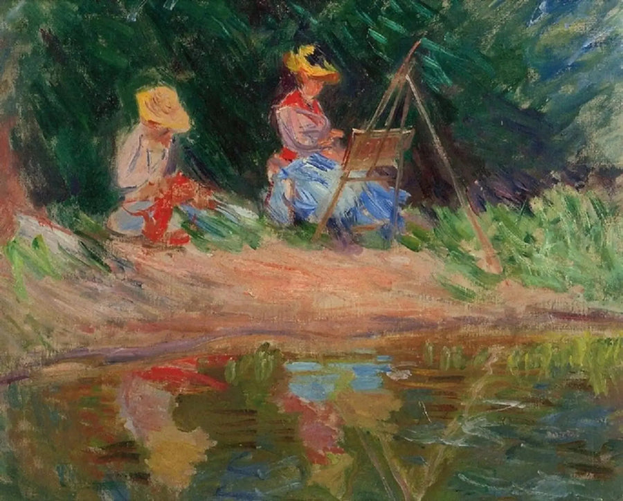 Blanche Monet pintando con su hermana Suzanne a la orilla del agua - Claude Monet