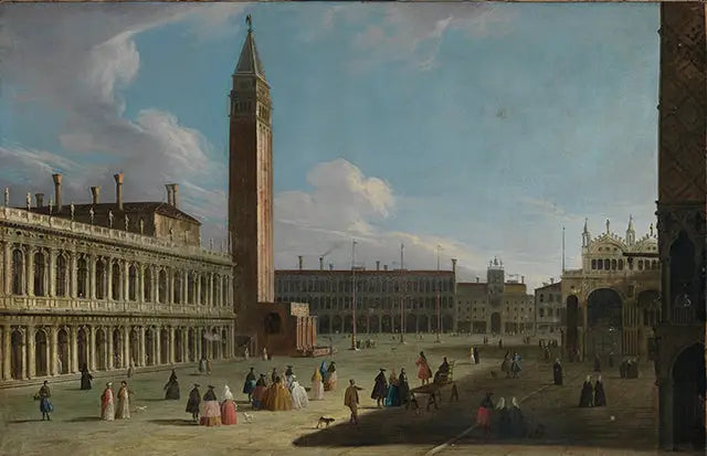 Blick von der Piazetta nach Norden auf Liberia, Campanile, Procuratie Vecchie, Torre dell'Orologio und San Marco - Canaletto image 1 copie peinte à la main à l’huile
