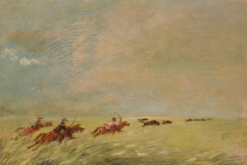 Bogard, Batiste y yo cazando bisontes en la hierba alta sobre un fondo del Missouri - George Catlin