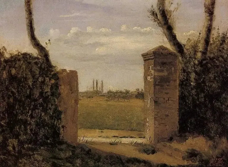 Bois-Guillaume, cerca de Rouen, puerta flanqueada por dos pilares - Jean-Baptiste Camille Corot
