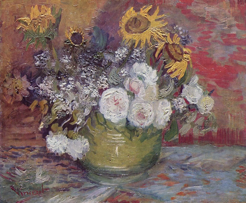 Cuenco con girasoles, rosas y otras flores - Vincent van Gogh
