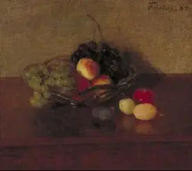 Bolsa de vidrio con uvas blancas y azules, duraznos y ciruelas - Henri Fantin-Latour