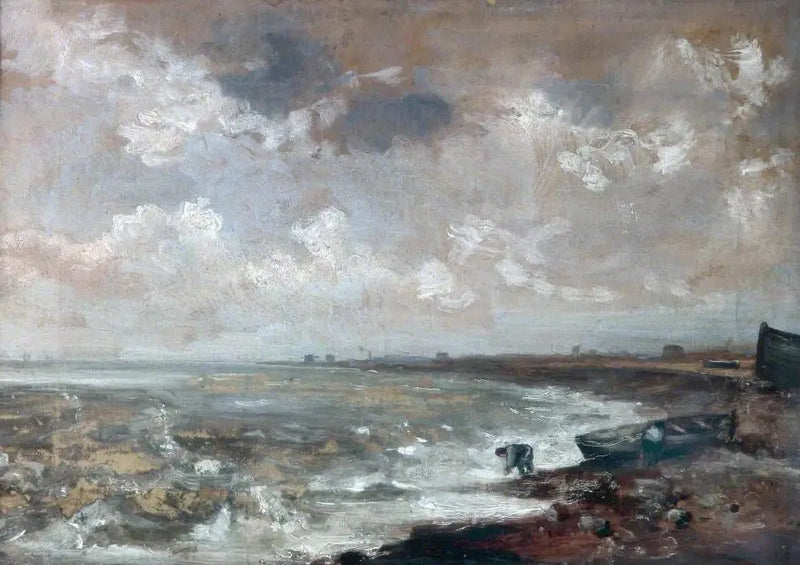 Orilla del mar con pescadores cerca de un barco - John Constable