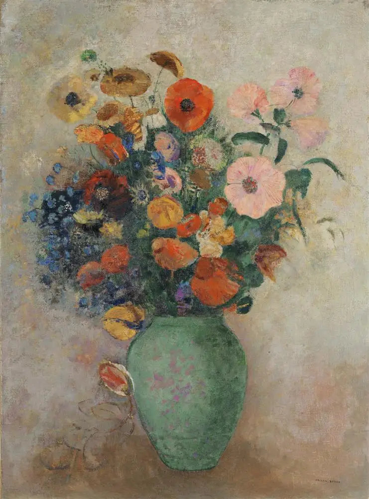 Ramo de flores en un jarrón verde - Odilon Redon