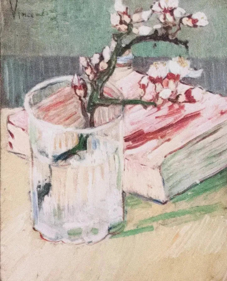 Rama de almendro en flor en un vaso con un libro - Vincent van Gogh
