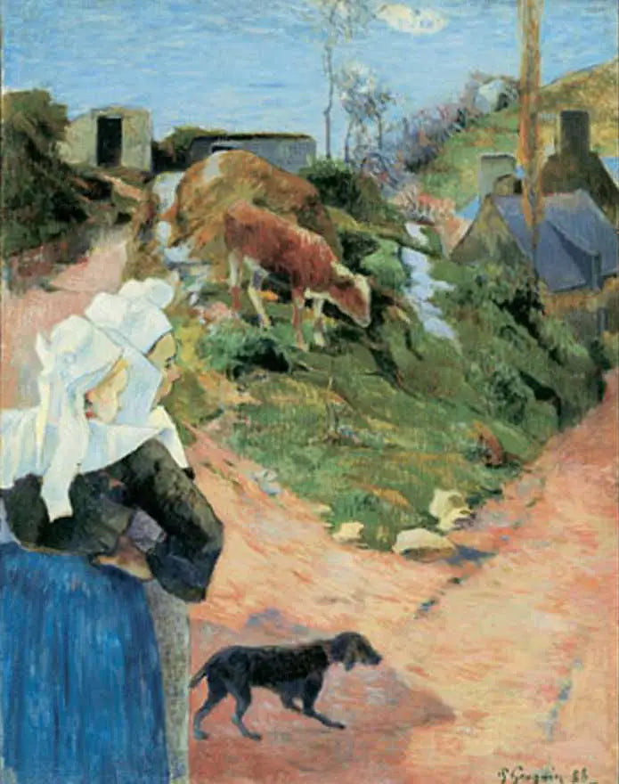 Bretonas en la curva de un camino, o Bretonas y ternero - Paul Gauguin