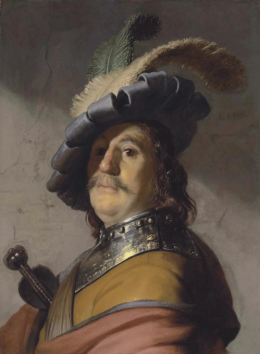 Busto de un hombre con un gorgerin y un beret de plumas - Rembrandt