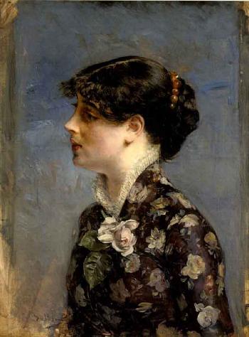 Busto de una joven morena de perfil, a la izquierda, con blusa de flores - Giovanni Boldini