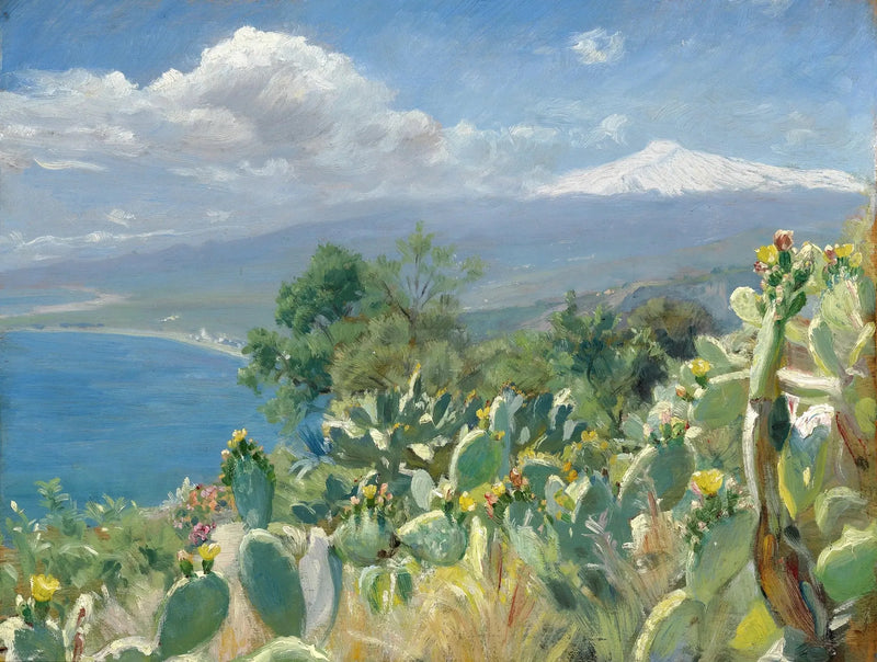 Cactus florecientes cerca de Taormina. Al fondo, el Etna cubierto de nieve. - Peder Severin Krøyer