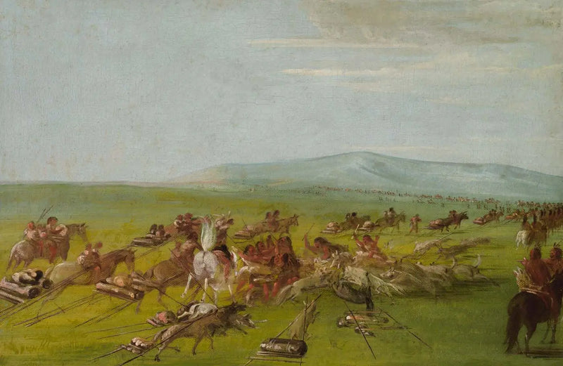 Campamento Comanche en movimiento, combate de perros en ruta - George Catlin