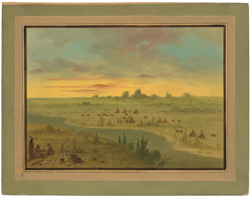 Campamento de los Indios Pawnee al atardecer - George Catlin