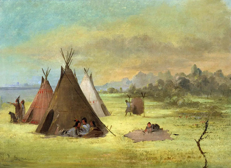 Campamento indio, Comanche (o Kiowa) preparando pieles, Río Rojo - George Catlin