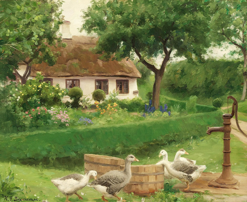 Patos con una bomba de agua detrás de una granja con techo de paja. - H. A. Brendekilde