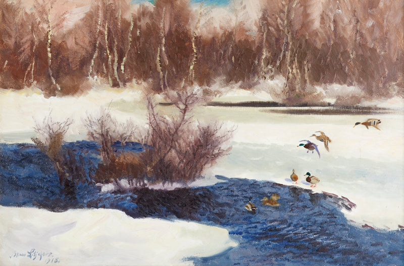 Ánades reales en un arroyo congelado - Bruno Liljefors