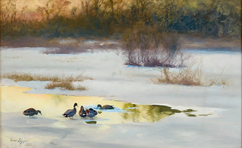 Patos cerca de un agujero en el hielo - Bruno Liljefors