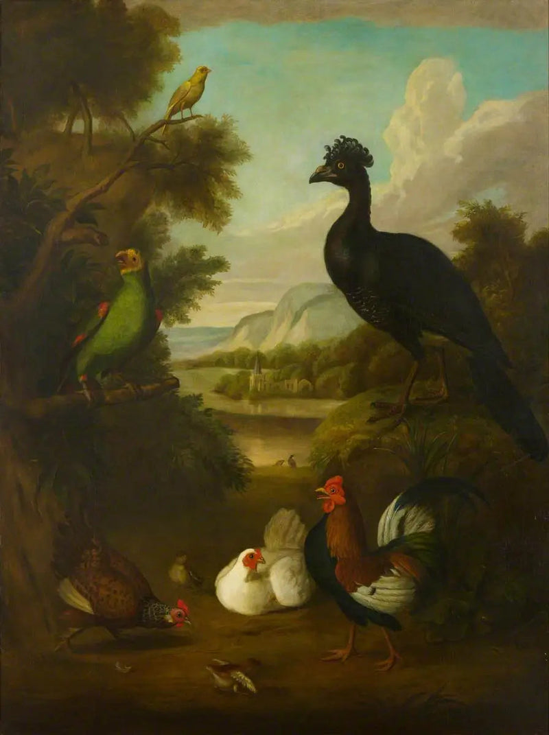 Canario, loro verde y otros pájaros en un paisaje - Tobias Stranover