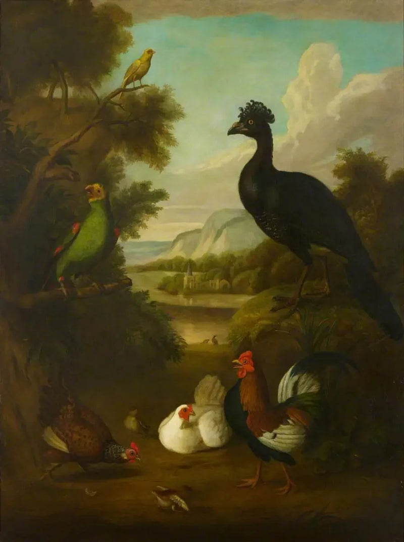 Canario, loro verde y otros pájaros en un paisaje - Tobias Stranover
