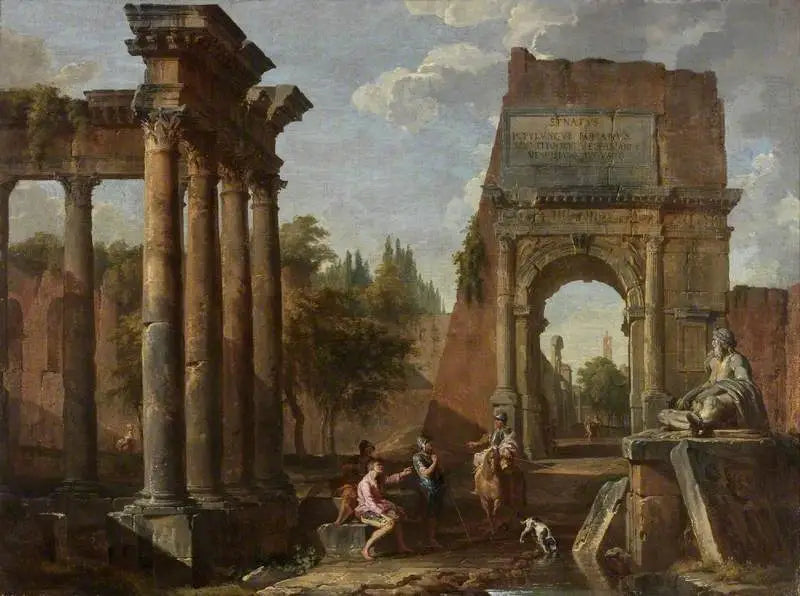 Capricho arquitectónico, Arco de Tito con figuras - Giovanni Paolo Panini