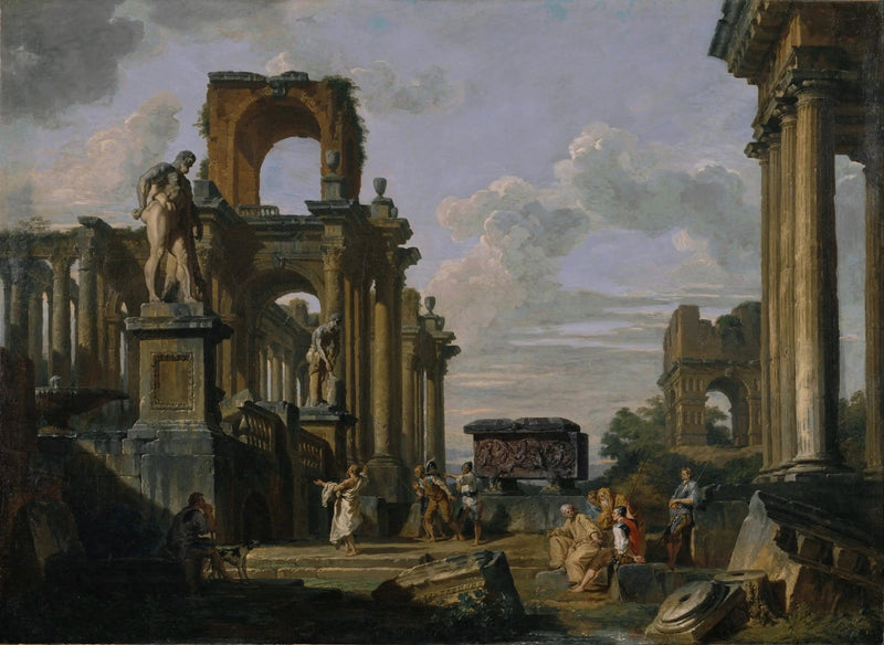 Capricho arquitectónico del Foro romano con filósofos y soldados entre ruinas antiguas, incluido el arco de Janus Quadrifrons, el sarcófago de Santa Constanza, el Hércules Farnese y Cincinnatus - Giovanni Paolo Panini