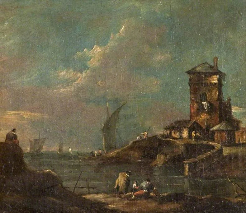 Capricho con torre rústica, casas y barcos - Francesco Guardi