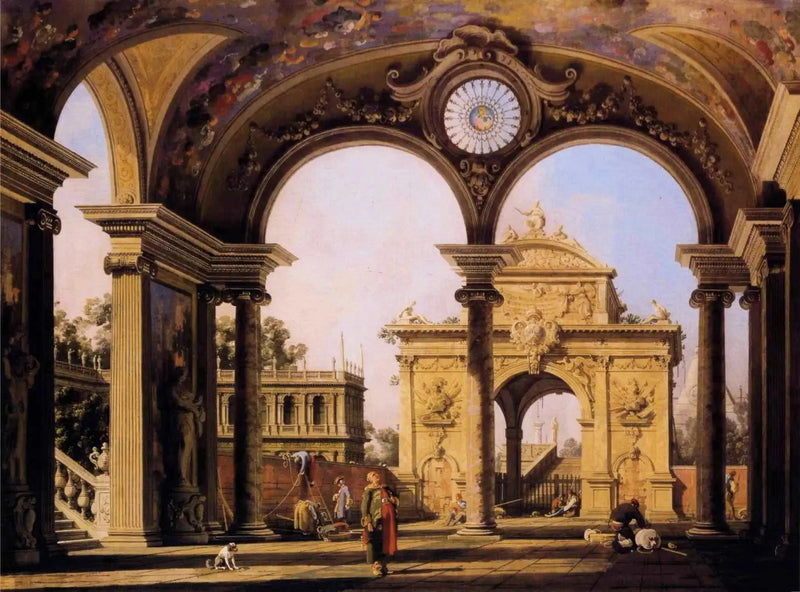 Capricho con un arco de triunfo renacentista visto desde el pórtico de un palacio - Canaletto