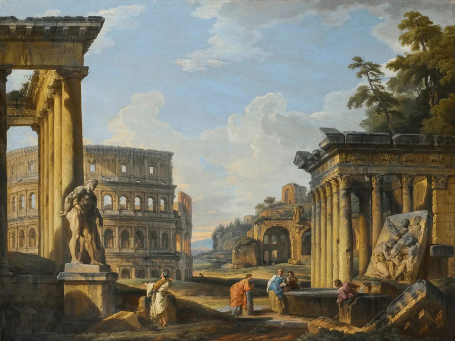 Capriccio de ruinas clásicas con el templo de Antonino y Faustina, el Coliseo, la basílica de Constantino - Giovanni Paolo Panini