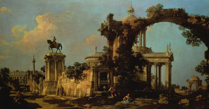 Capricho de ruinas romanas con una iglesia con cúpula y el monumento Colleoni - Canaletto