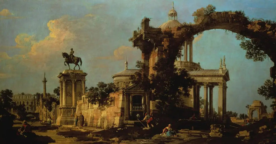 Capricho de ruinas romanas con una iglesia con cúpula y el monumento Colleoni - Canaletto