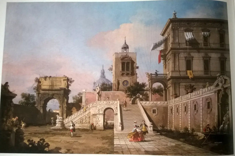 Capricho de un palacio renacentista con una escalera monumental, una torre del reloj y el arco de Tito al fondo - Canaletto