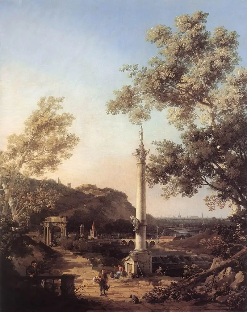 Capricho: paisaje de río con una columna - Canaletto