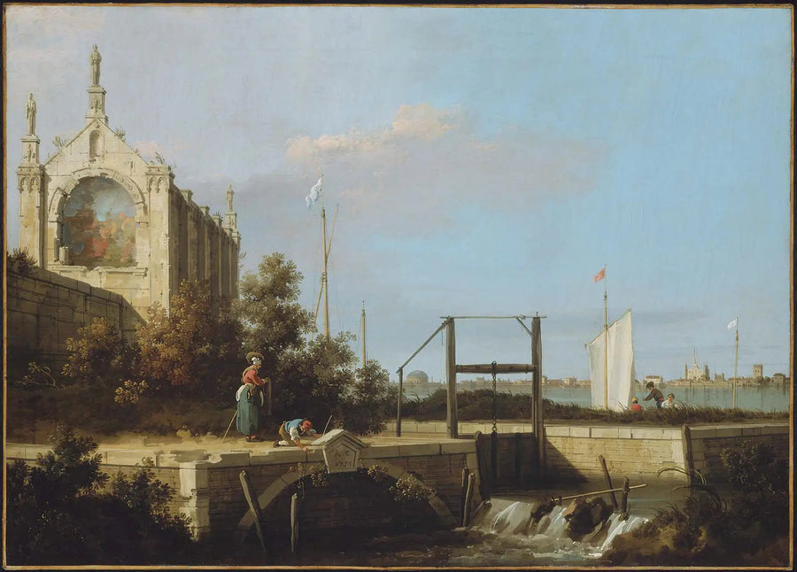 Capriccio: Una esclusa en un río con una capilla - Canaletto