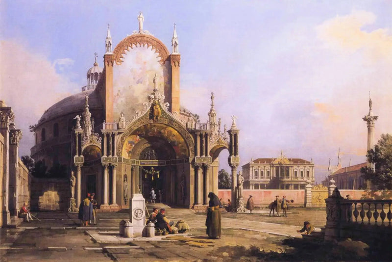 Capricho: una iglesia redonda con un pórtico gótico elaborado en una plaza, una plaza palladiana y una iglesia gótica en el fondo - Canaletto