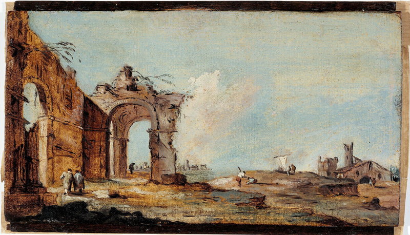 Caprice, con arco en ruina y casas de pescadores - Francesco Guardi