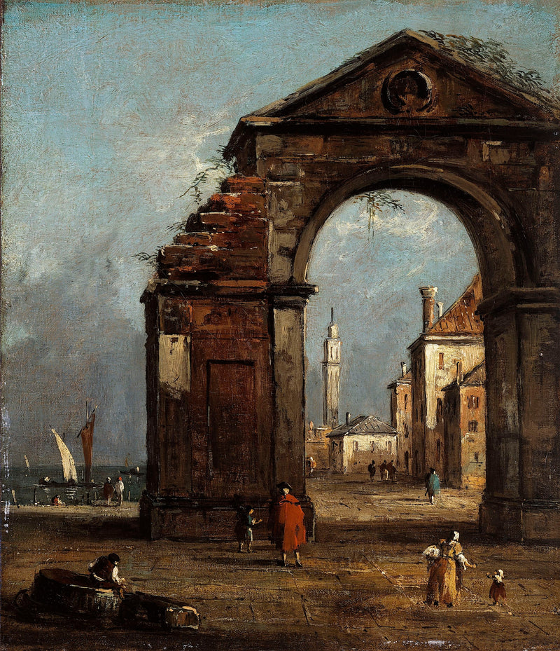 Caprice, con arco triunfal en ruinas y paisaje del borde de la laguna - Francesco Guardi