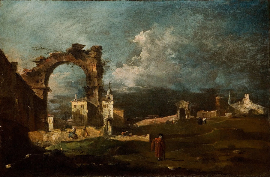 Caprice con ruinas de un arco y una villa en el fondo - Francesco Guardi
