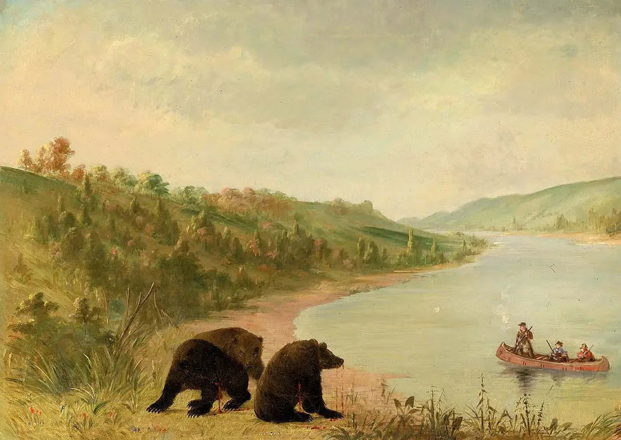 Catlin y sus hombres en su canoa, solicitados de emergencia para desembarcar, Alto Misisipi - George Catlin