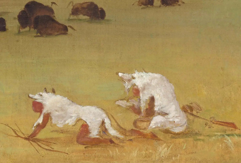 Catlin y su guía indígena acercándose al bisonte bajo pieles de lobo blanco - George Catlin