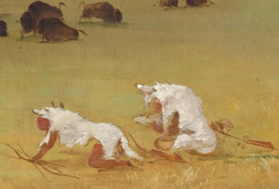 Catlin y su guía indígena acercándose al bisonte bajo pieles de lobo blanco - George Catlin