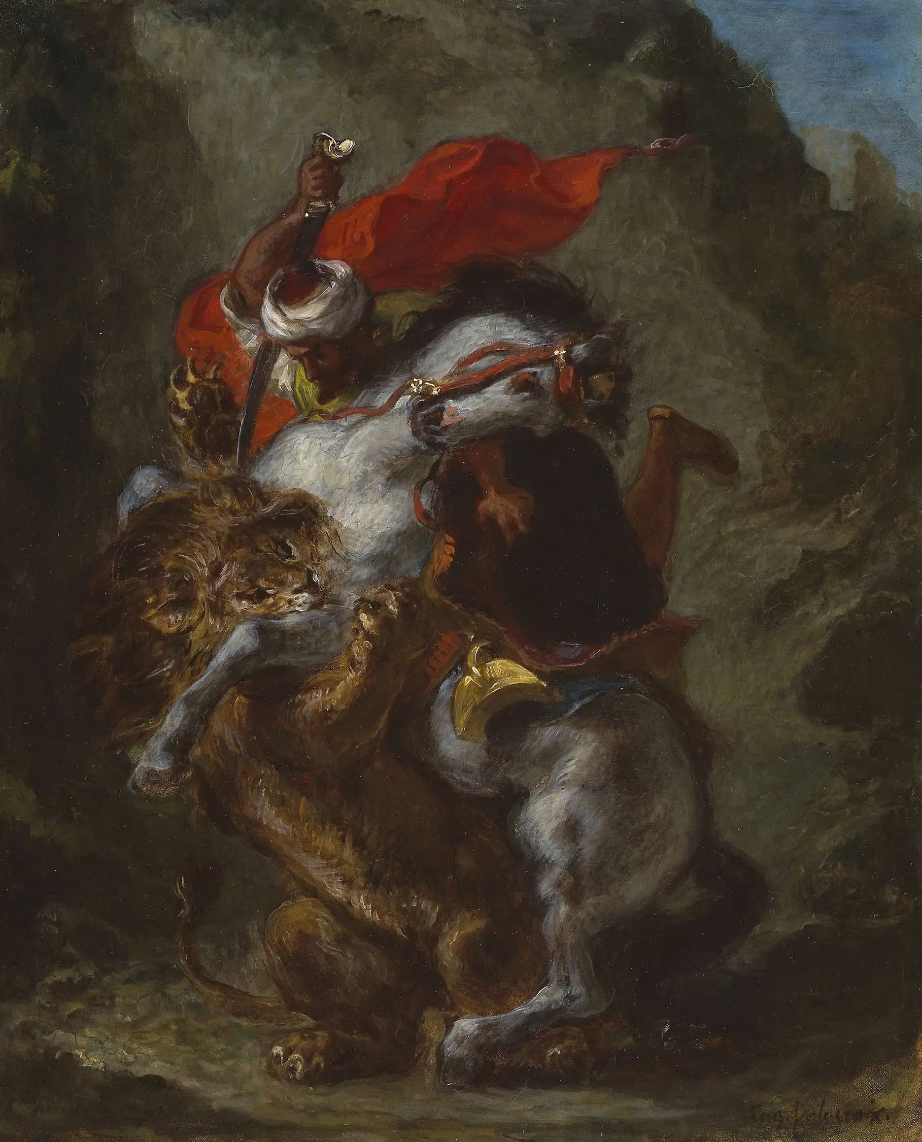 Cavalier arabe attaqué par un lion - Eugène Delacroix image 1 tableau peint à l’huile sur toile