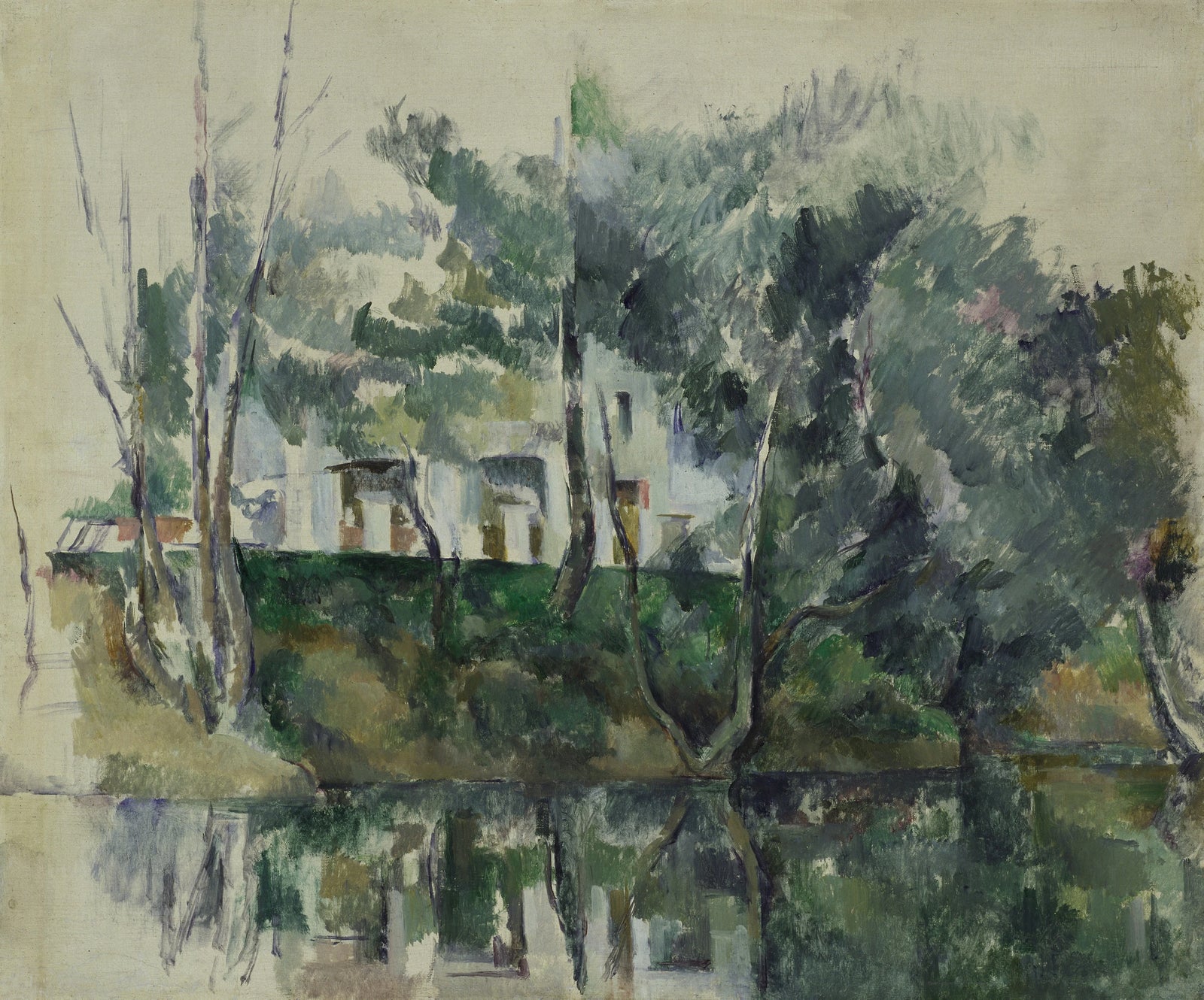 Árboles y casas al borde del agua - Paul Cézanne