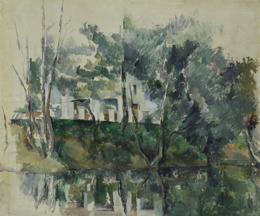 Árboles y casas al borde del agua - Paul Cézanne