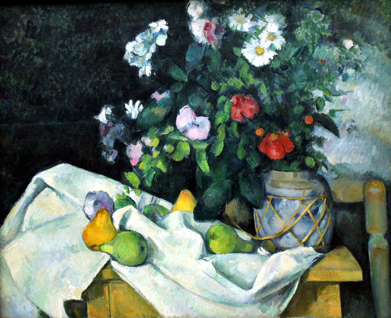 Flores en una jarra de jengibre y frutas - Paul Cézanne